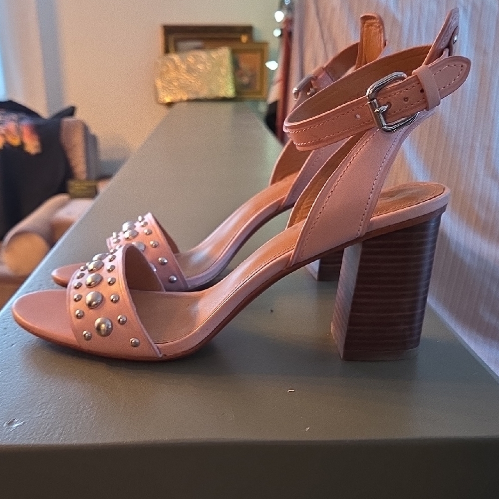 Coach Elegant Pink Studded Block Heel Sandals